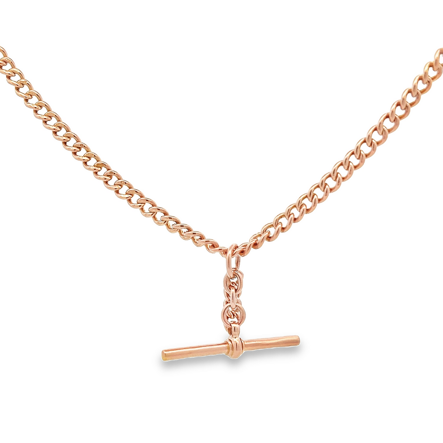Antique 9ct Rose Gold Graduated Curb Link Albert Watch Chain with T-Bar