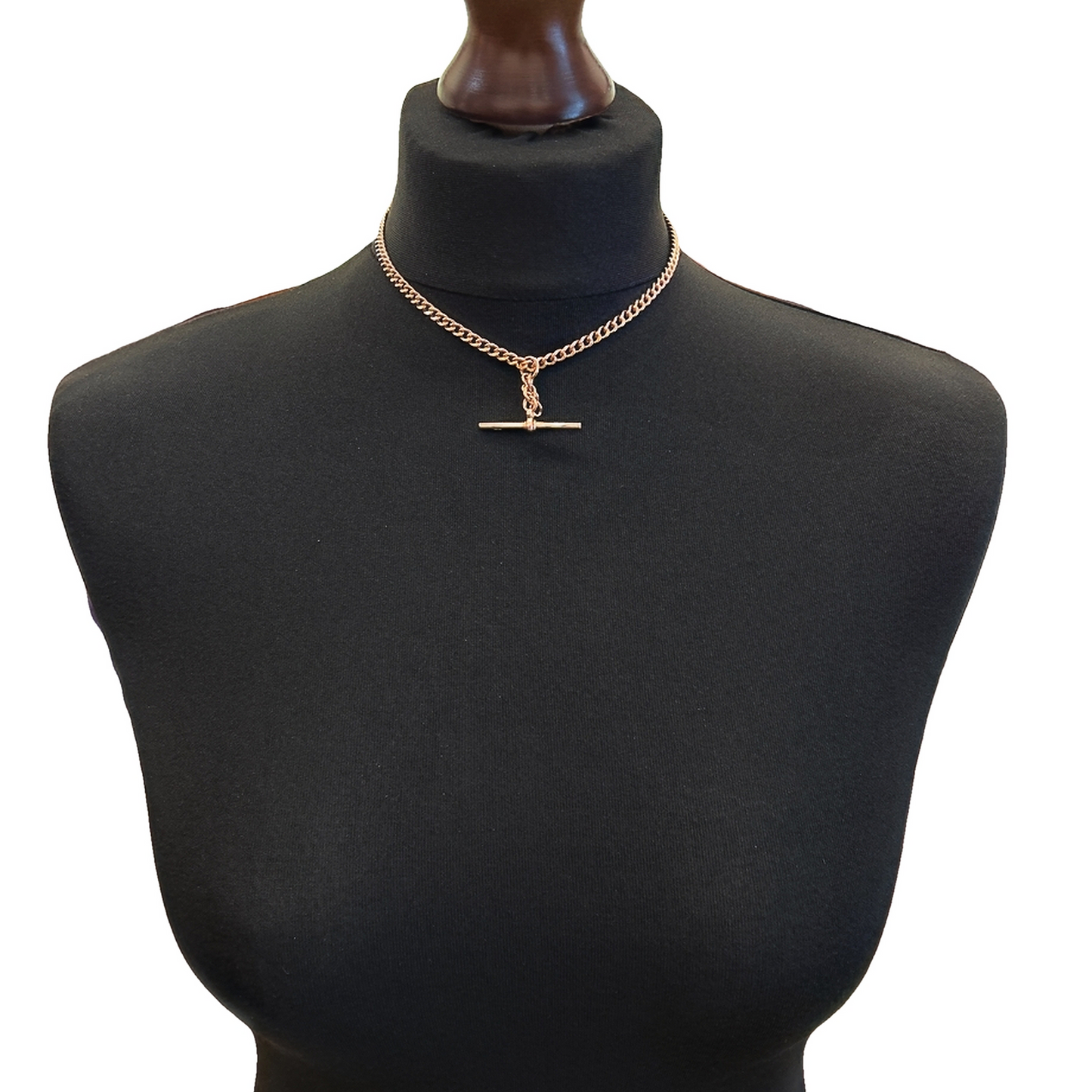 Antique 9ct Rose Gold Graduated Curb Link Albert Watch Chain with T-Bar