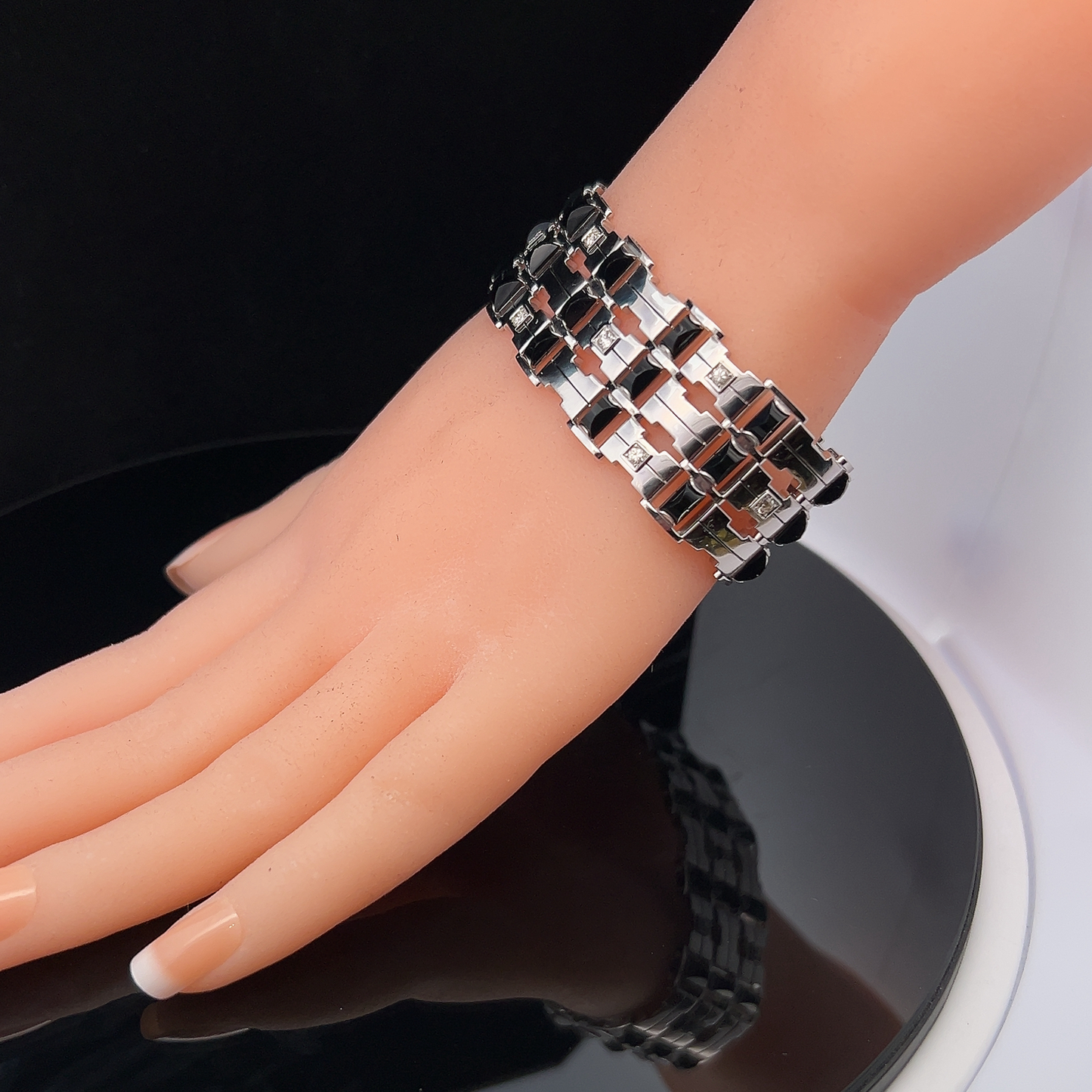 Vintage Art Deco Onyx and Diamond 18ct White Gold Cuff Bracelet