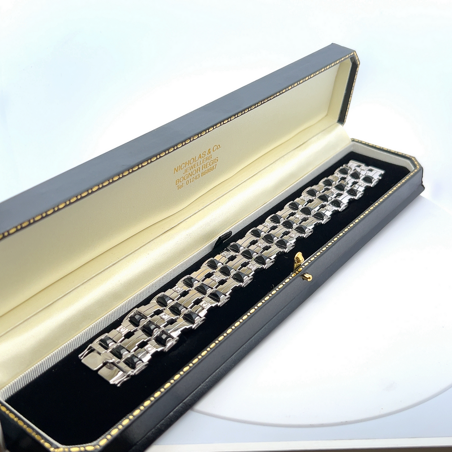 Vintage Art Deco Onyx and Diamond 18ct White Gold Cuff Bracelet