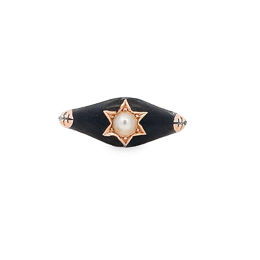 Antique Victorian Natural Split Pearl & Enamel 15ct Gold Mourning Ring