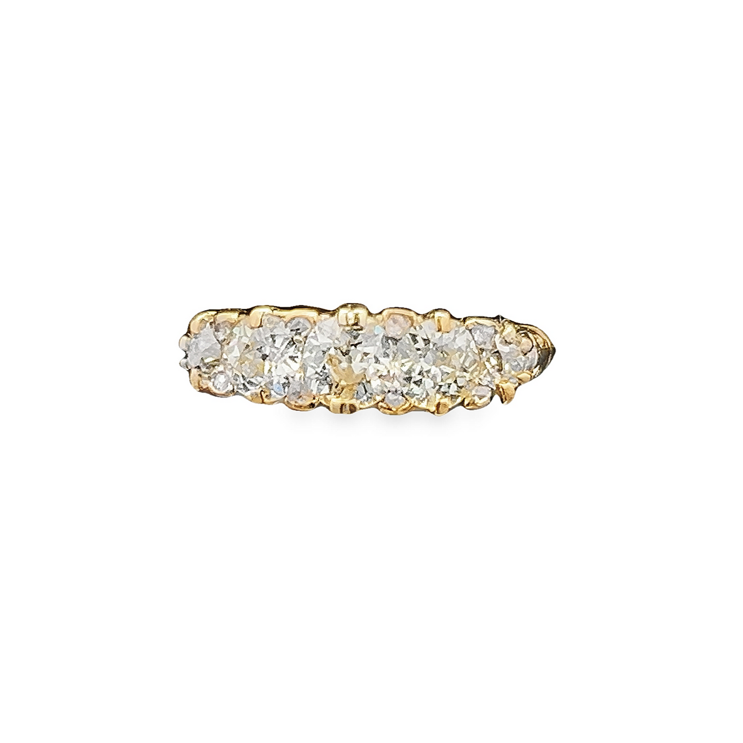 Antique Victorian 5 Stone Old European Cut Diamond and Rose Cut Diamond 18ct Gold Carved Ring