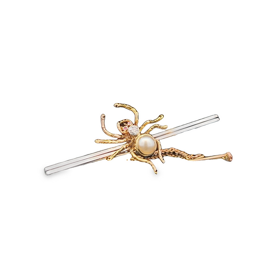 Antique Diamond, Pearl and Ruby 15ct Gold and Platinum Spider Bar Brooch