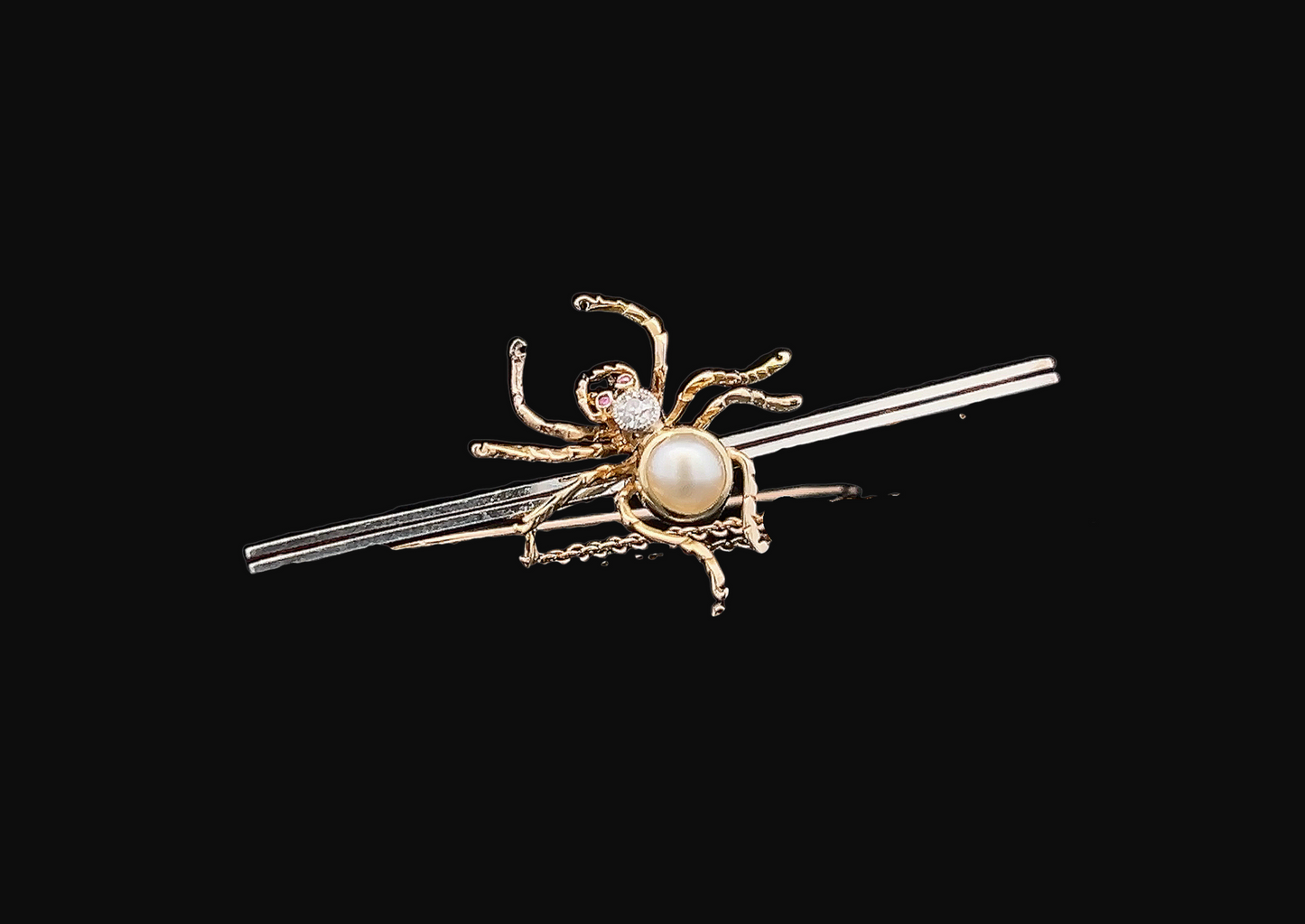 Antique Diamond, Pearl and Ruby 15ct Gold and Platinum Spider Bar Brooch