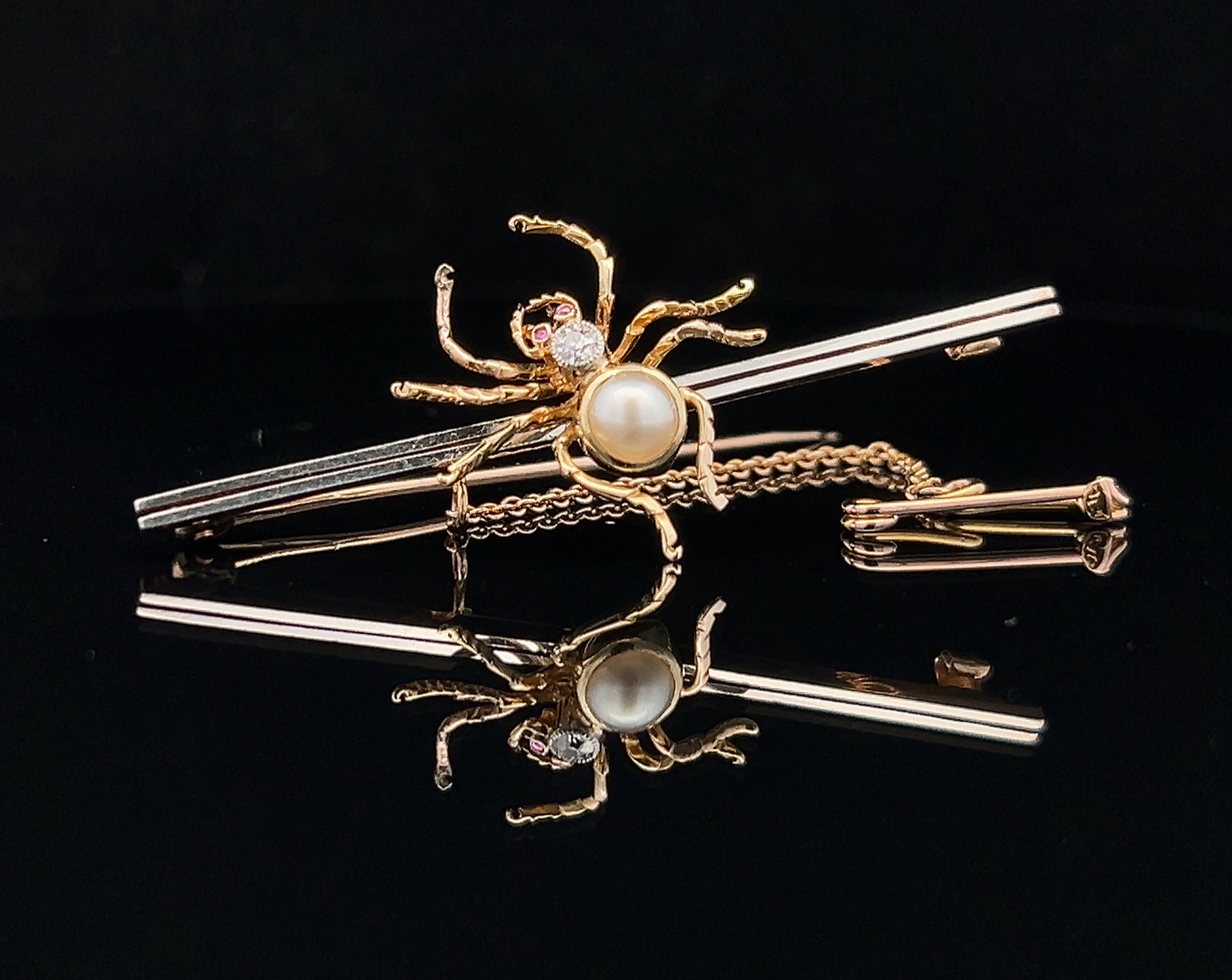 Antique Diamond, Pearl and Ruby 15ct Gold and Platinum Spider Bar Brooch