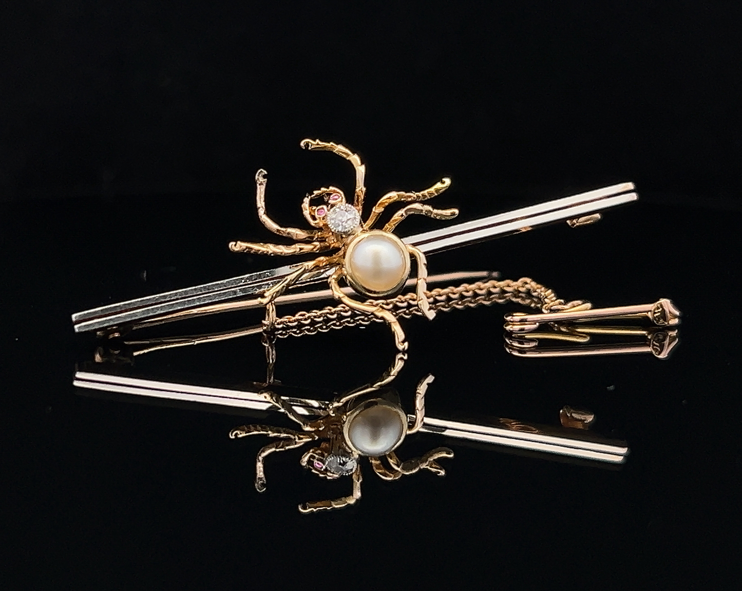 Antique Diamond, Pearl and Ruby 15ct Gold and Platinum Spider Bar Brooch