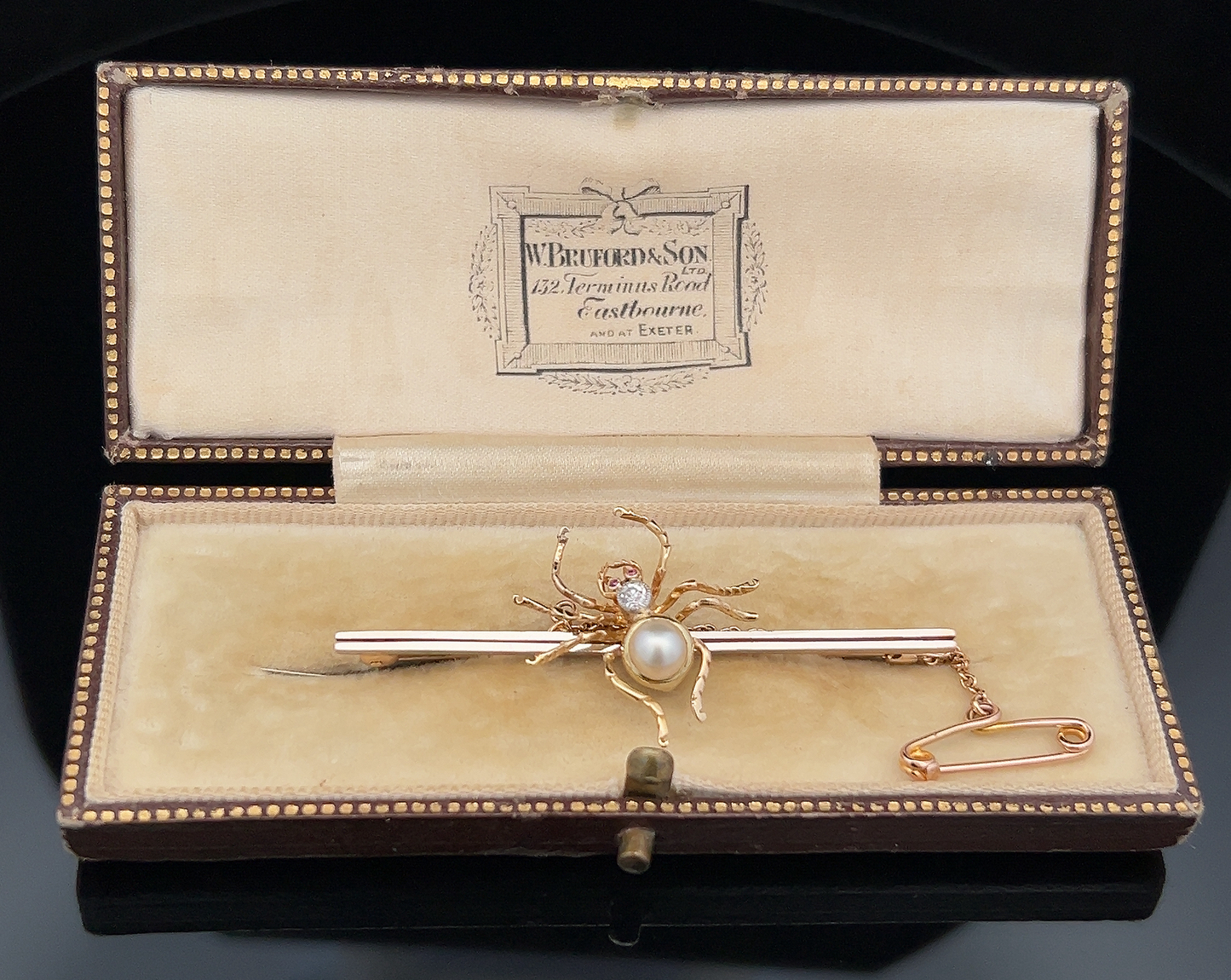 Antique Diamond, Pearl and Ruby 15ct Gold and Platinum Spider Bar Brooch