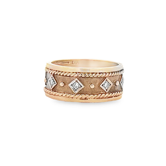 Vintage Diamond 9ct Gold Etruscan Style Wide Ring.