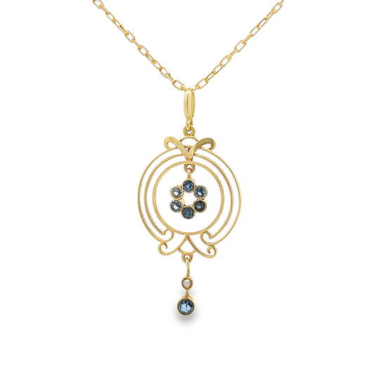 Antique Art Nouveau Sapphire and Pearl 15ct Gold Pendant with Original 15ct Gold Chain