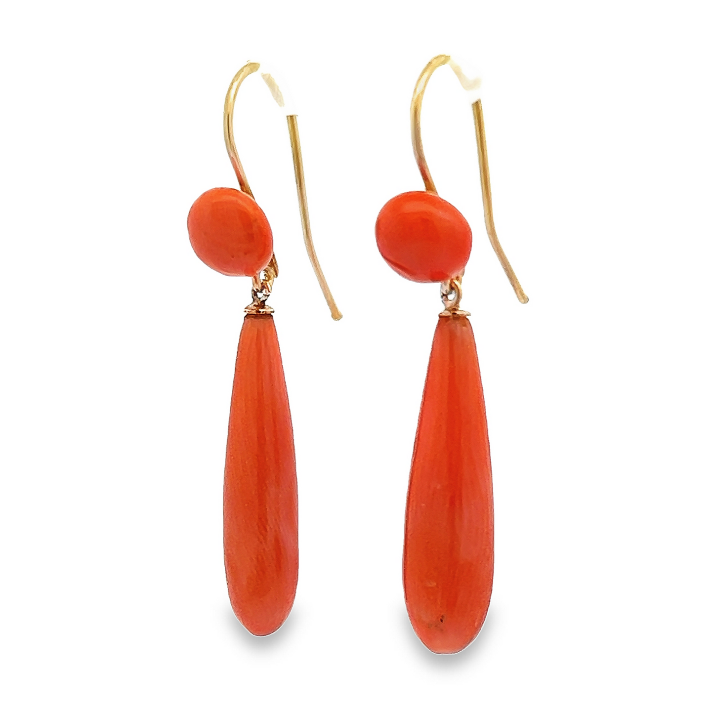 Antique Victorian Pear Shaped Undyed Neapolitan Coral 15ct Gold Drop Earrings