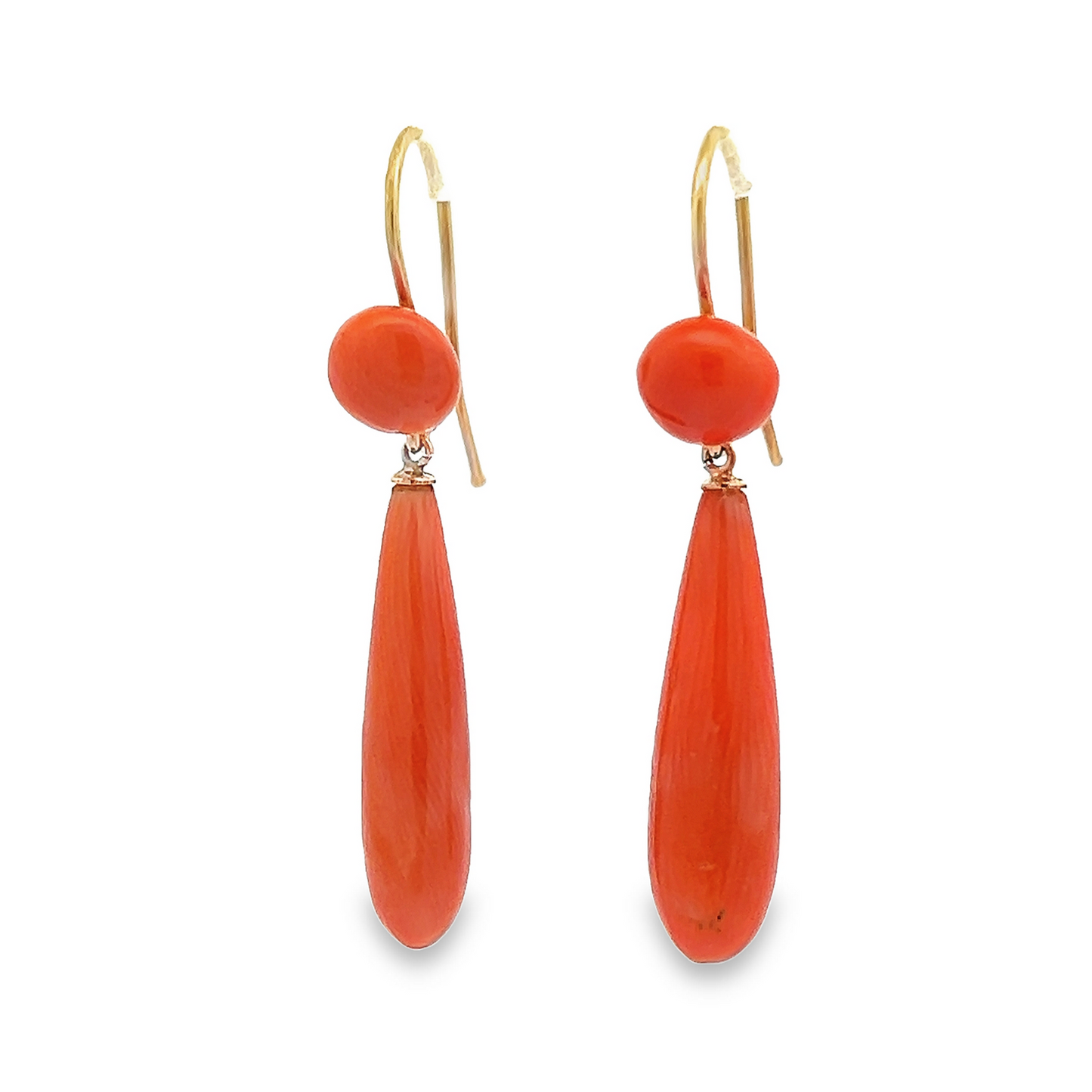 Antique Victorian Pear Shaped Undyed Neapolitan Coral 15ct Gold Drop Earrings