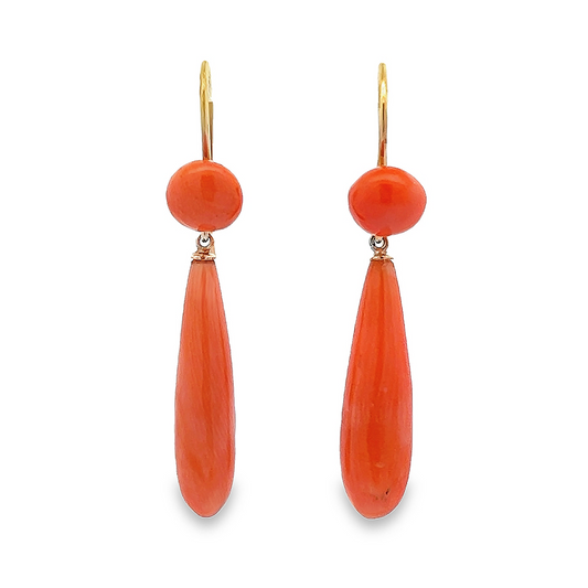 Antique Victorian Pear Shaped Undyed Neapolitan Coral 15ct Gold Drop Earrings