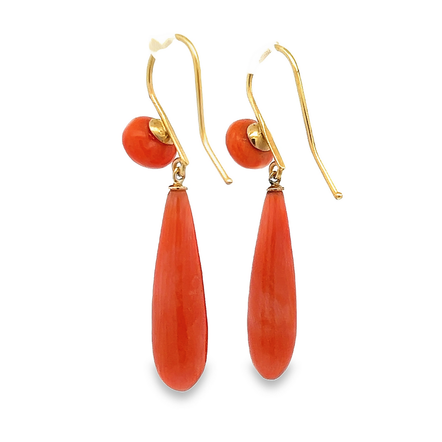 Antique Victorian Pear Shaped Undyed Neapolitan Coral 15ct Gold Drop Earrings