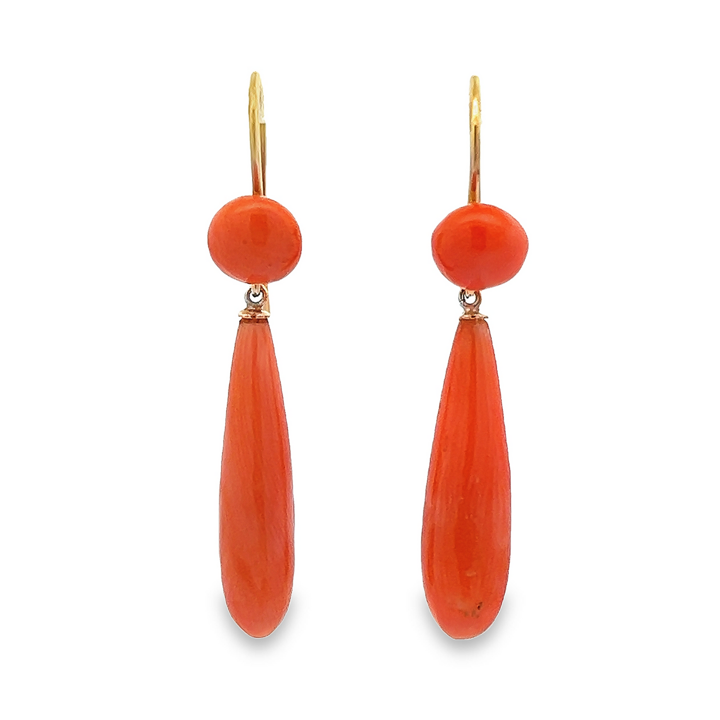 Antique Victorian Pear Shaped Undyed Neapolitan Coral 15ct Gold Drop Earrings