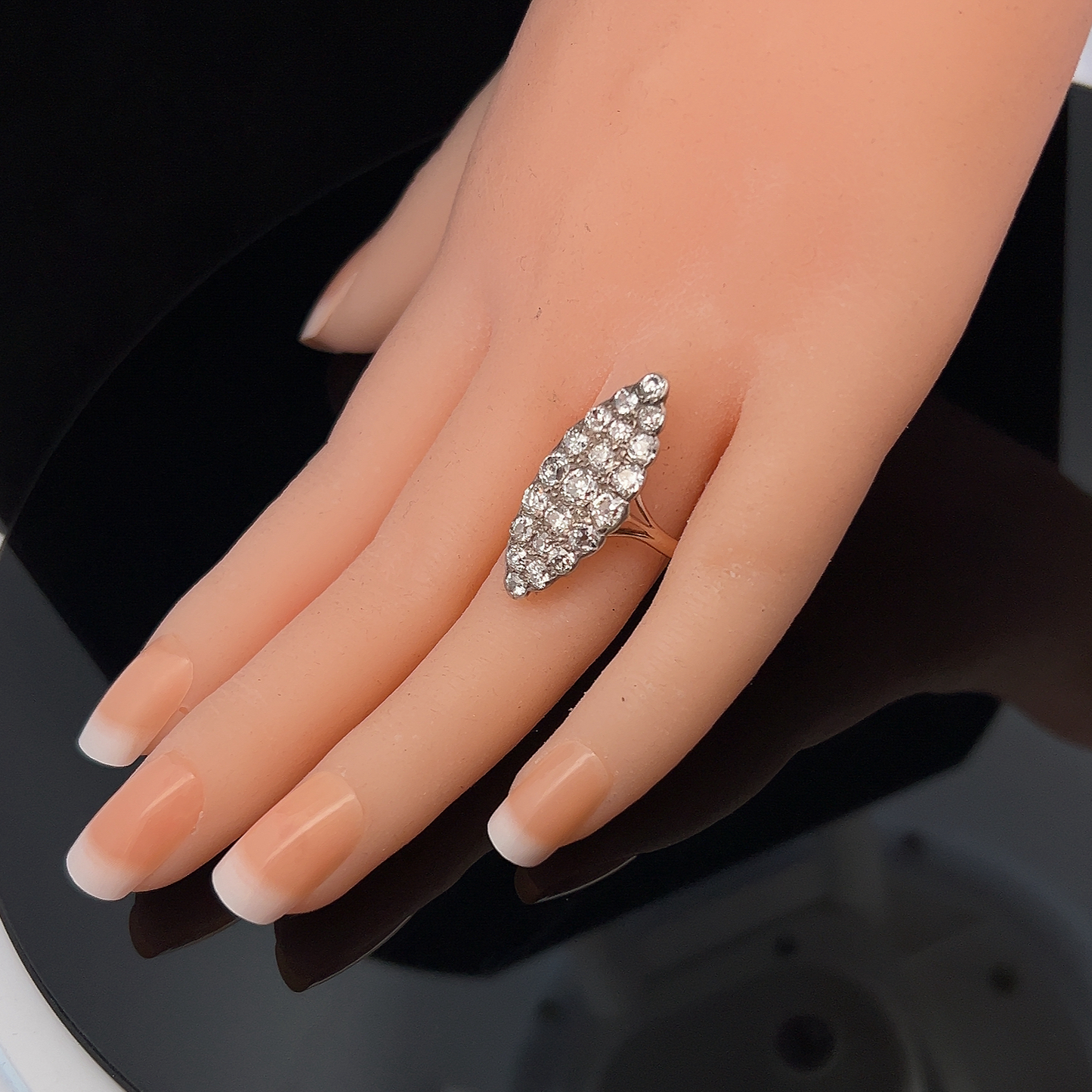 Antique Old European Cut Diamond Marquise Cluster 18ct Gold Ring