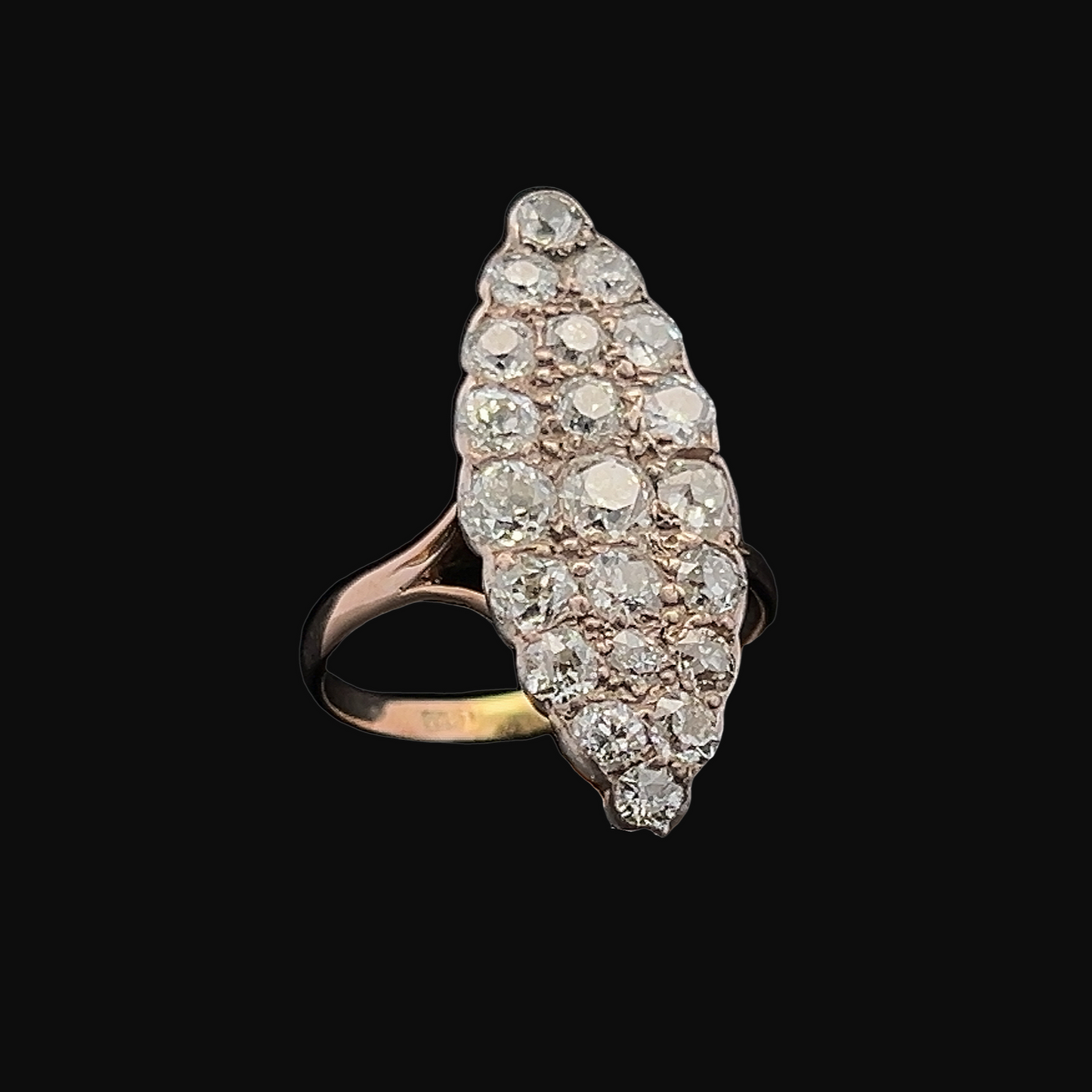 Antique Old European Cut Diamond Marquise Cluster 18ct Gold Ring