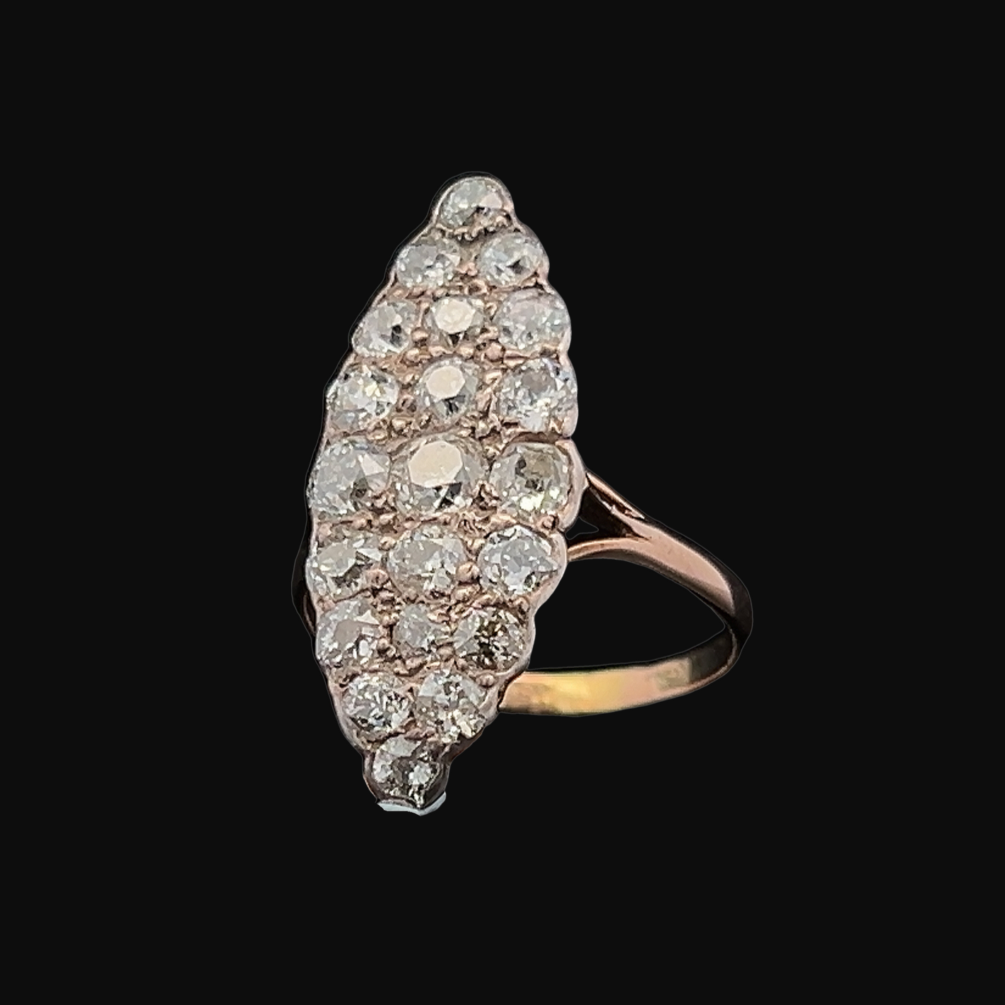 Antique Old European Cut Diamond Marquise Cluster 18ct Gold Ring