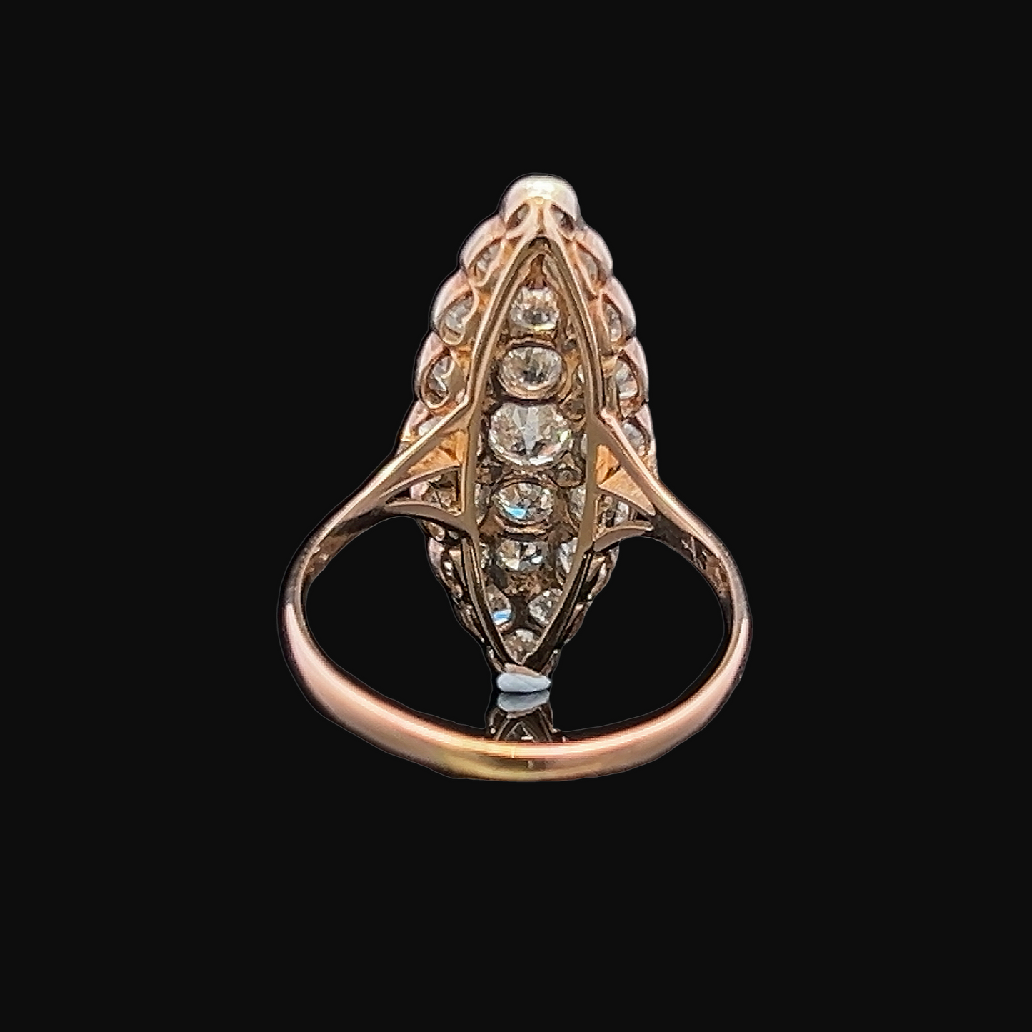 Antique Old European Cut Diamond Marquise Cluster 18ct Gold Ring