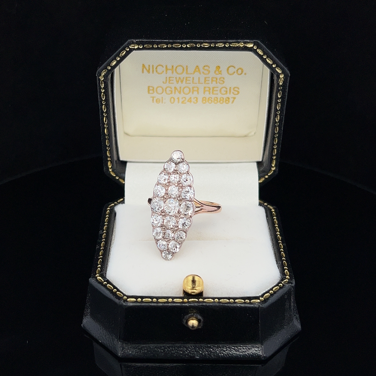Antique Old European Cut Diamond Marquise Cluster 18ct Gold Ring