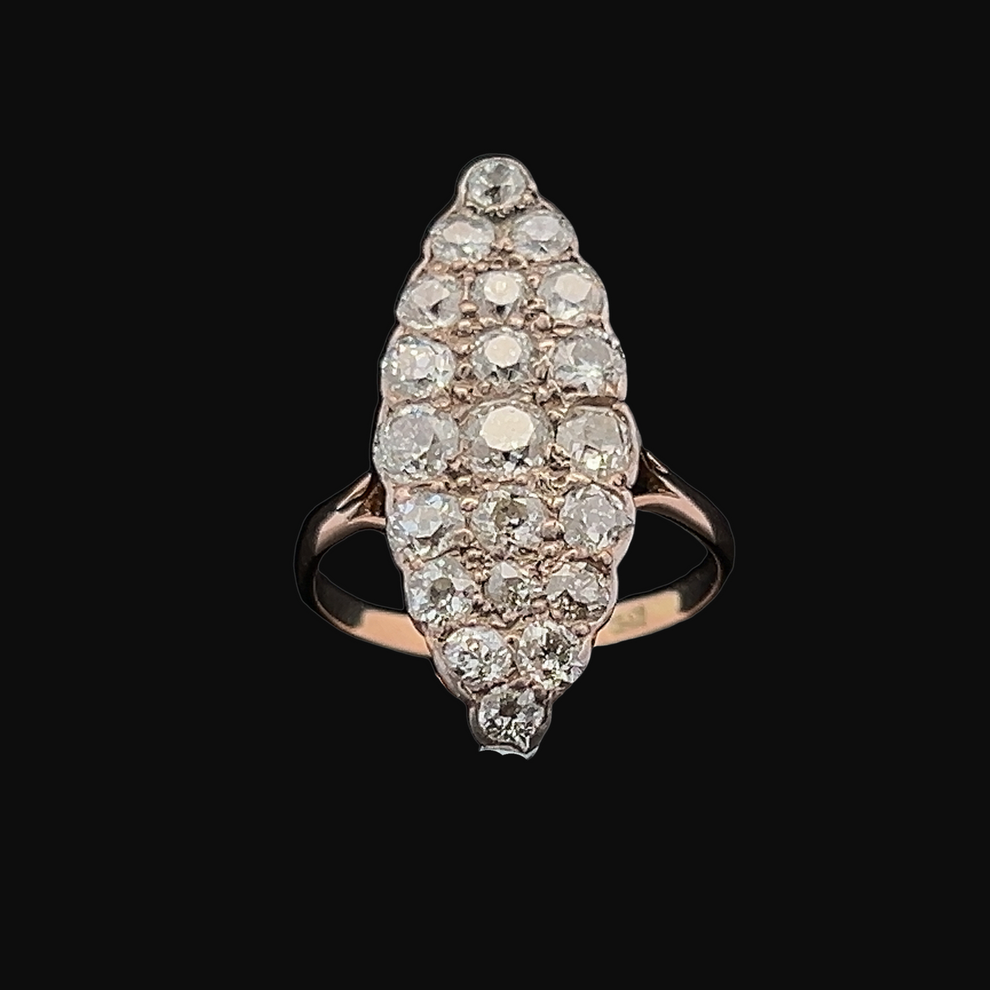 Antique Old European Cut Diamond Marquise Cluster 18ct Gold Ring