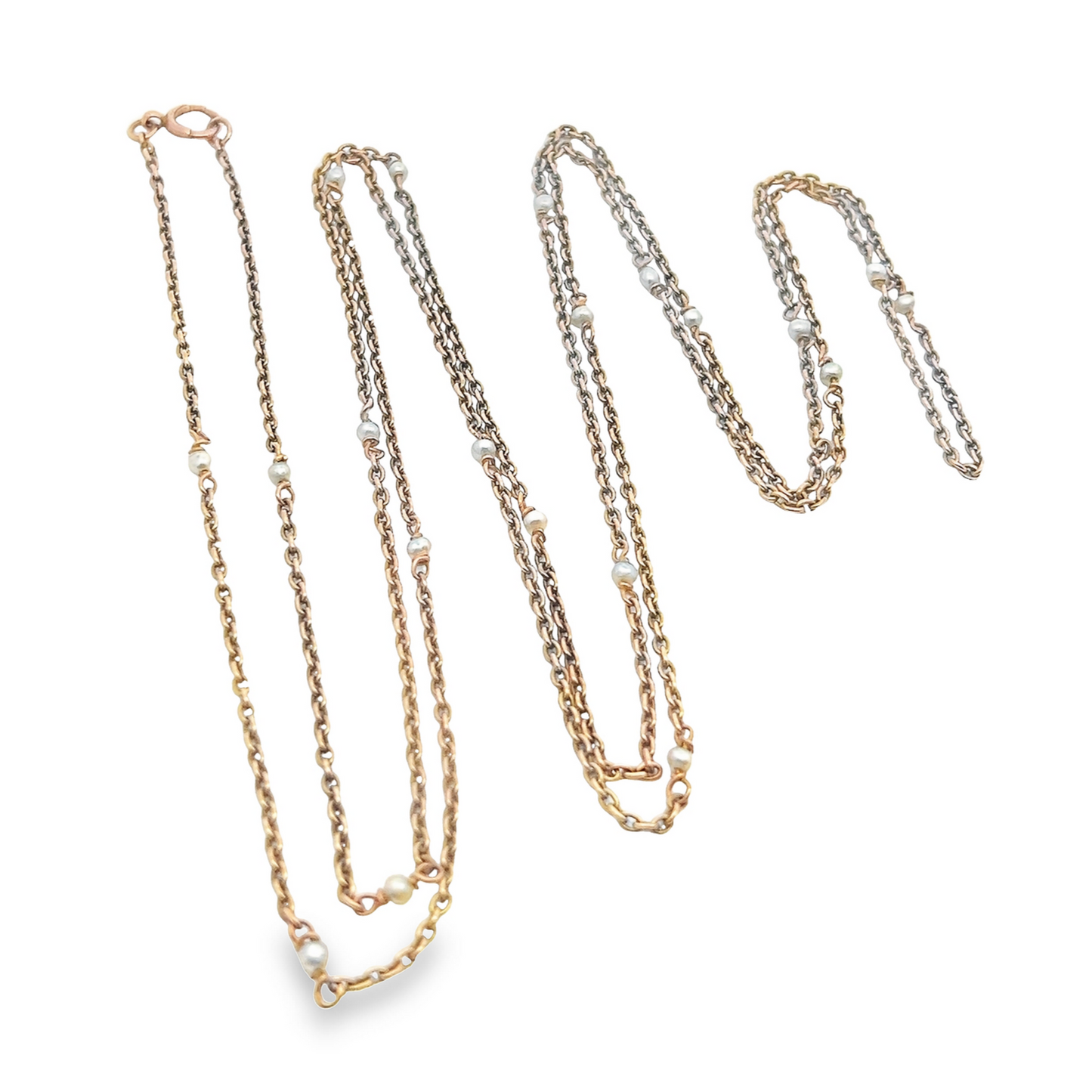 Antique Edwardian 9ct Rose Gold and Natural Pearl Trace Link Guard Chain