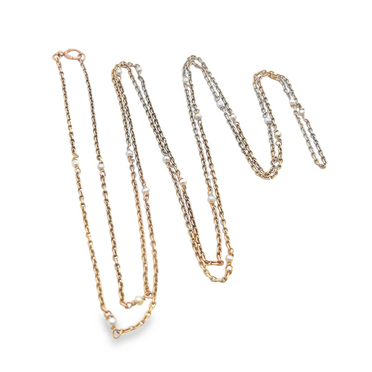 Antique Edwardian 9ct Rose Gold and Natural Pearl Trace Link Guard Chain