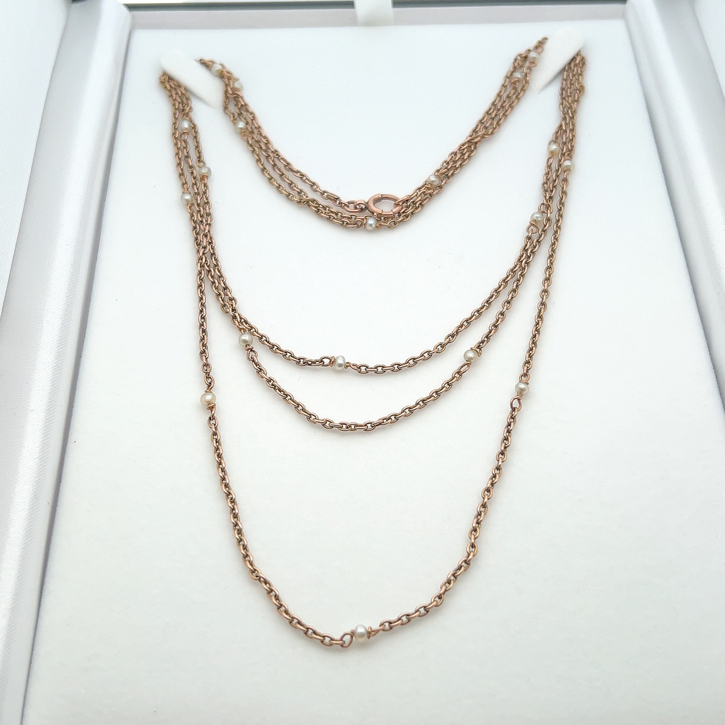 Antique Edwardian 9ct Rose Gold and Natural Pearl Trace Link Guard Chain