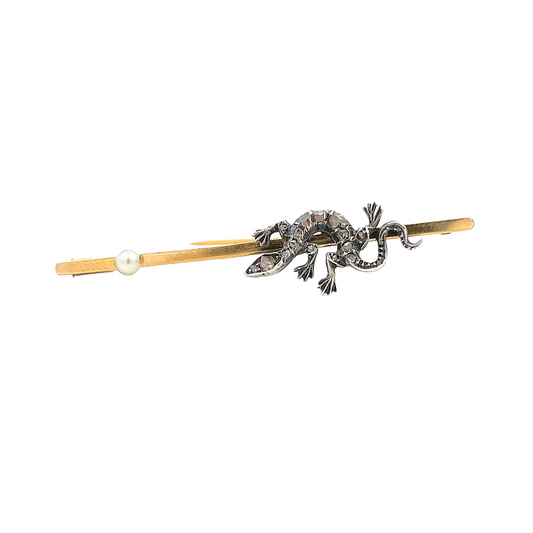 Antique Victorian Rose Cut Diamond & Natural Pearl Lizard Brooch