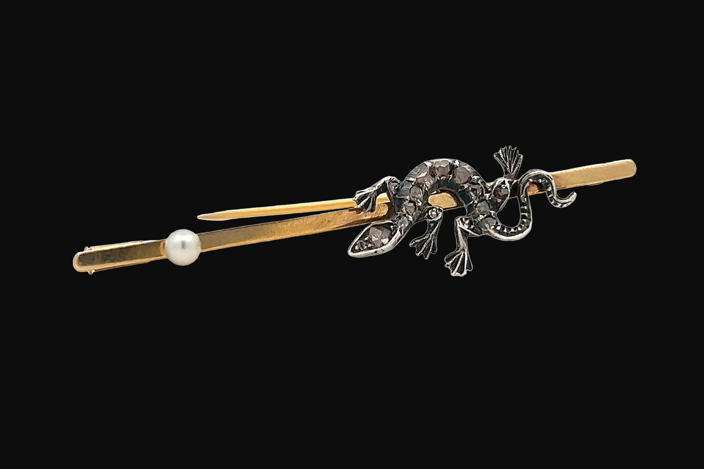 Antique Victorian Rose Cut Diamond & Natural Pearl Lizard Brooch