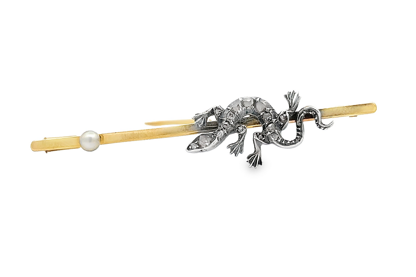 Antique Victorian Rose Cut Diamond & Natural Pearl Lizard Brooch