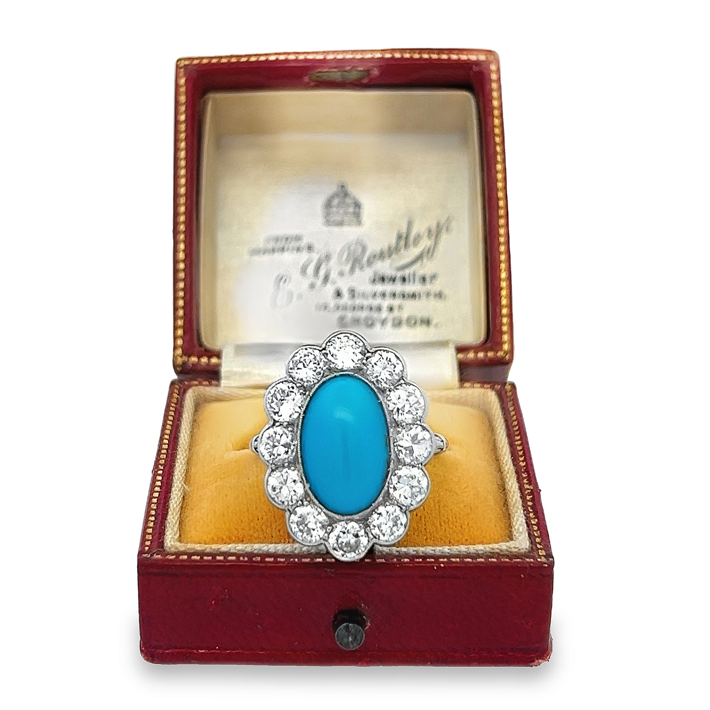 Antique Edwardian Turquoise and Transitional Cut Diamond Cluster Platinum Ring