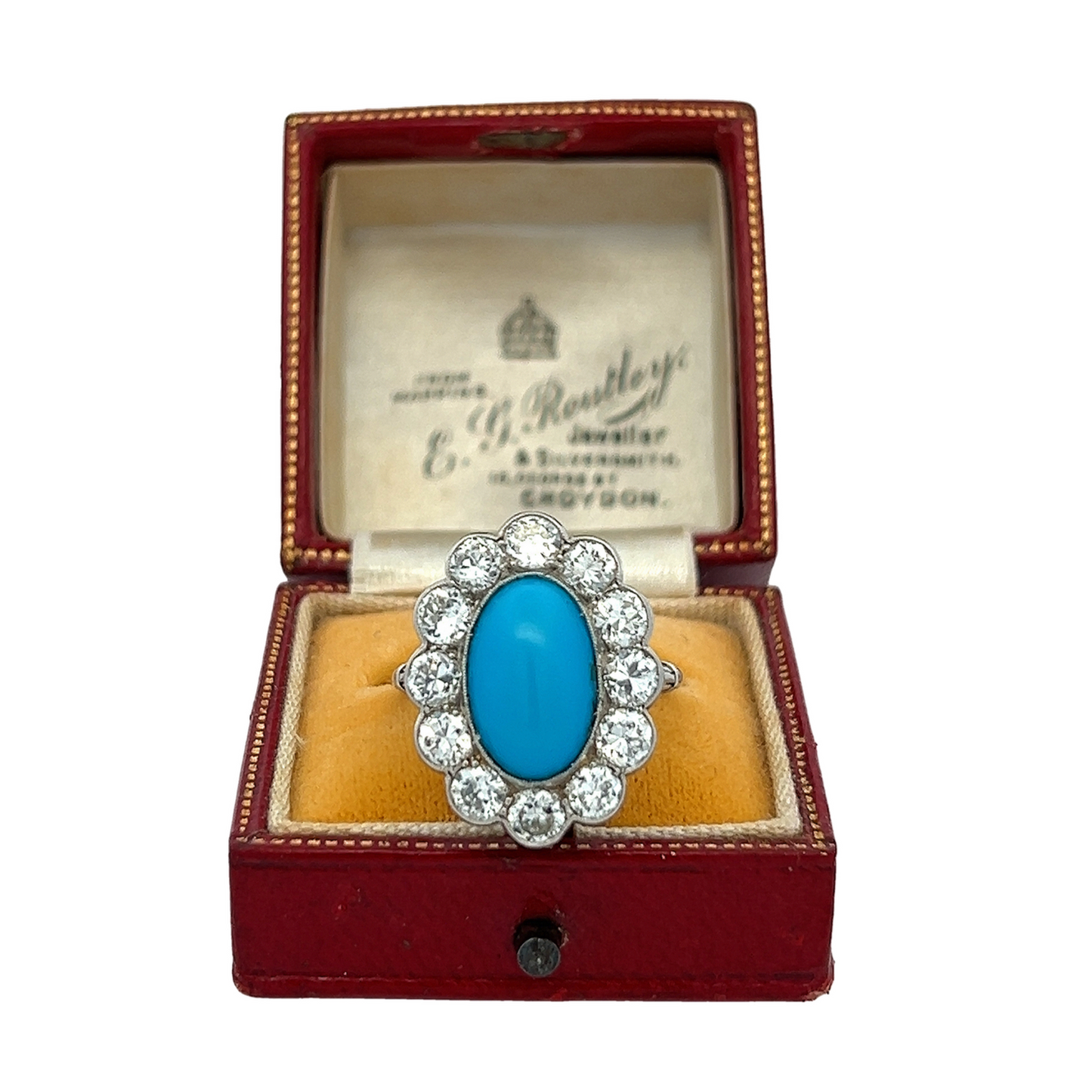 Antique Edwardian Turquoise and Transitional Cut Diamond Cluster Platinum Ring