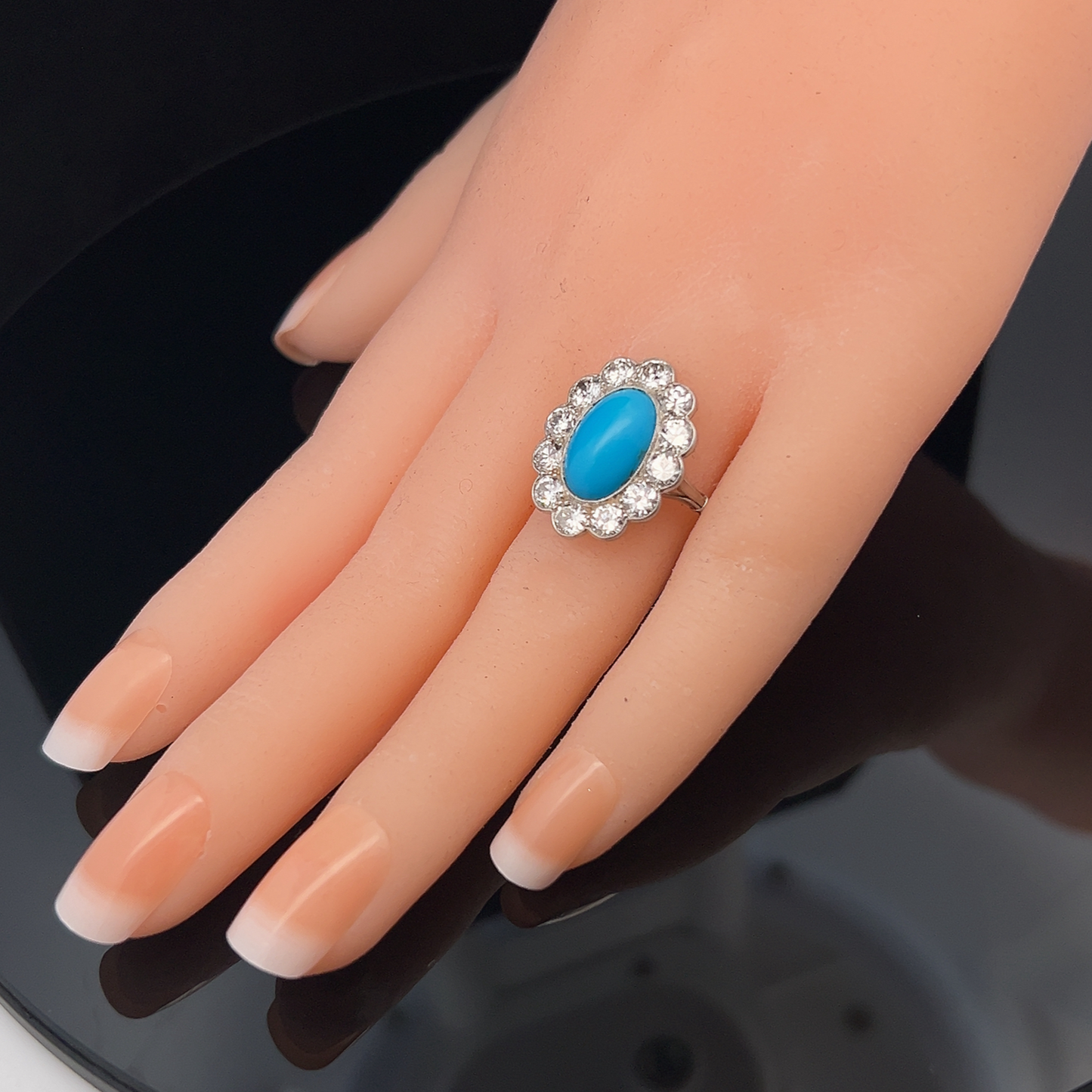 Antique Edwardian Turquoise and Transitional Cut Diamond Cluster Platinum Ring