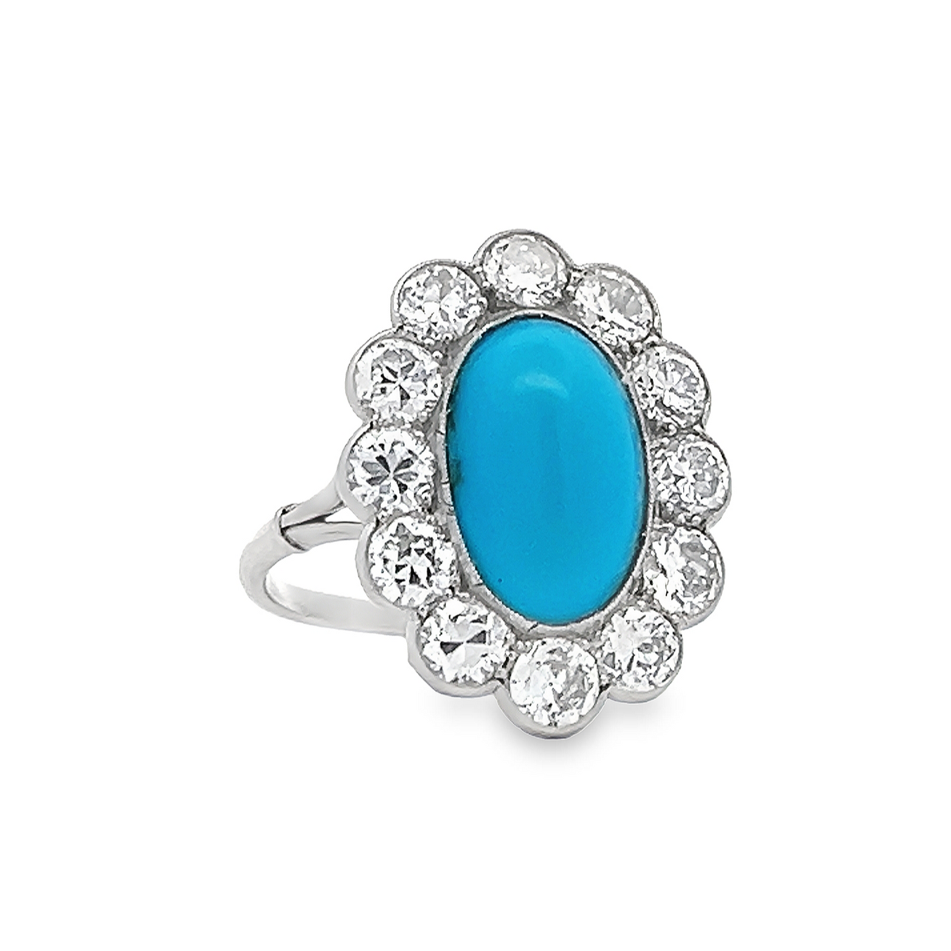 Antique Edwardian Turquoise and Transitional Cut Diamond Cluster Platinum Ring