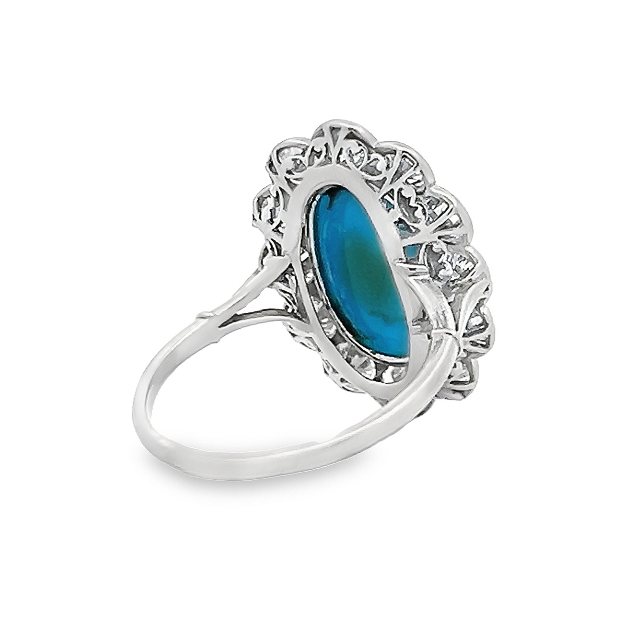 Antique Edwardian Turquoise and Transitional Cut Diamond Cluster Platinum Ring