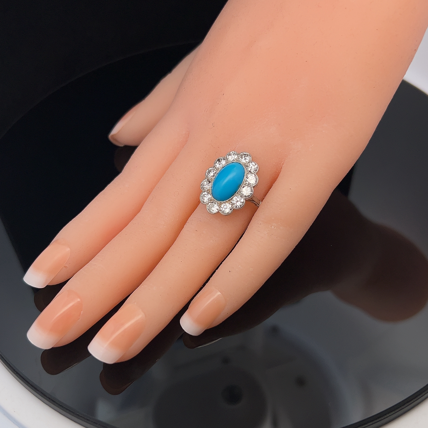 Antique Edwardian Turquoise and Transitional Cut Diamond Cluster Platinum Ring