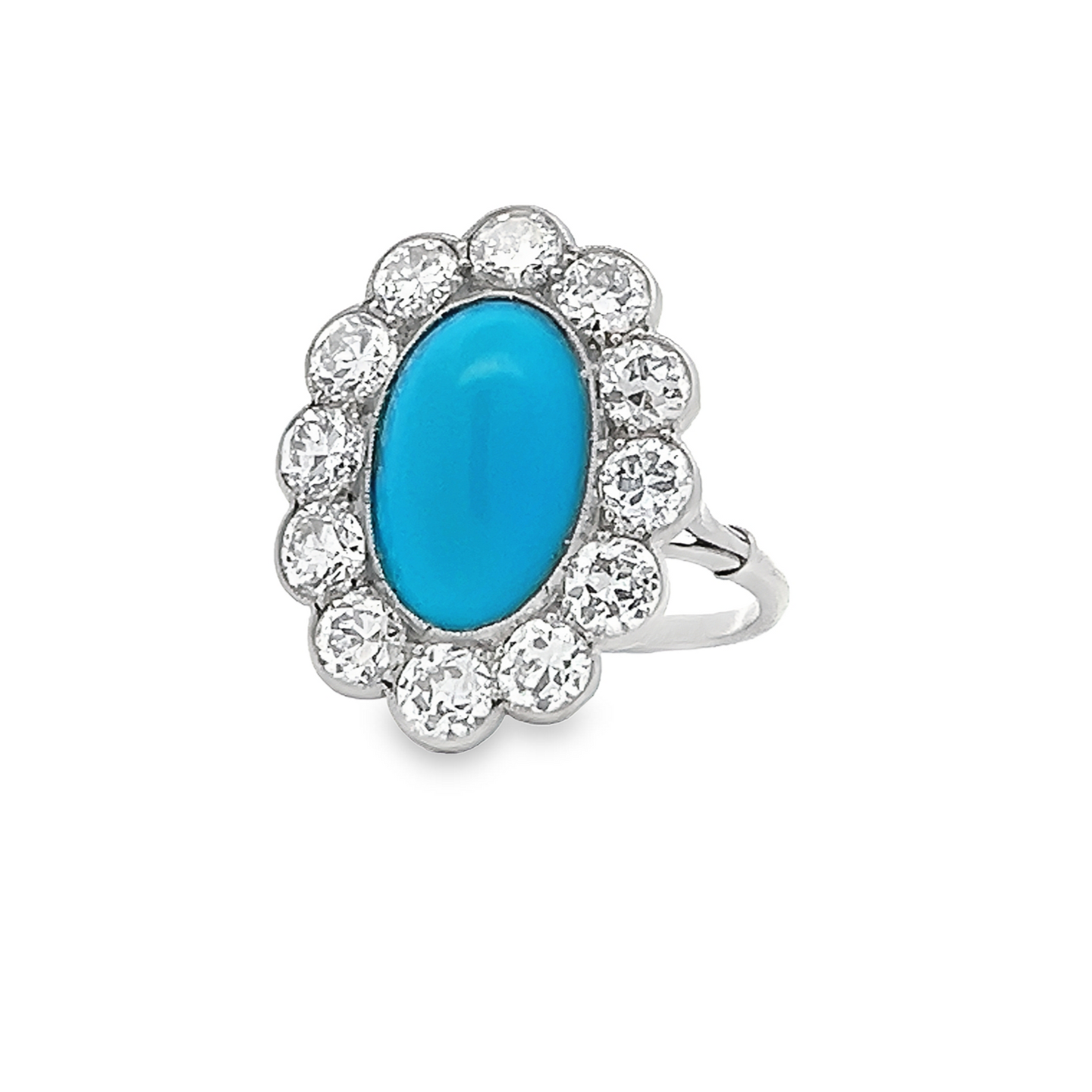 Antique Edwardian Turquoise and Transitional Cut Diamond Cluster Platinum Ring