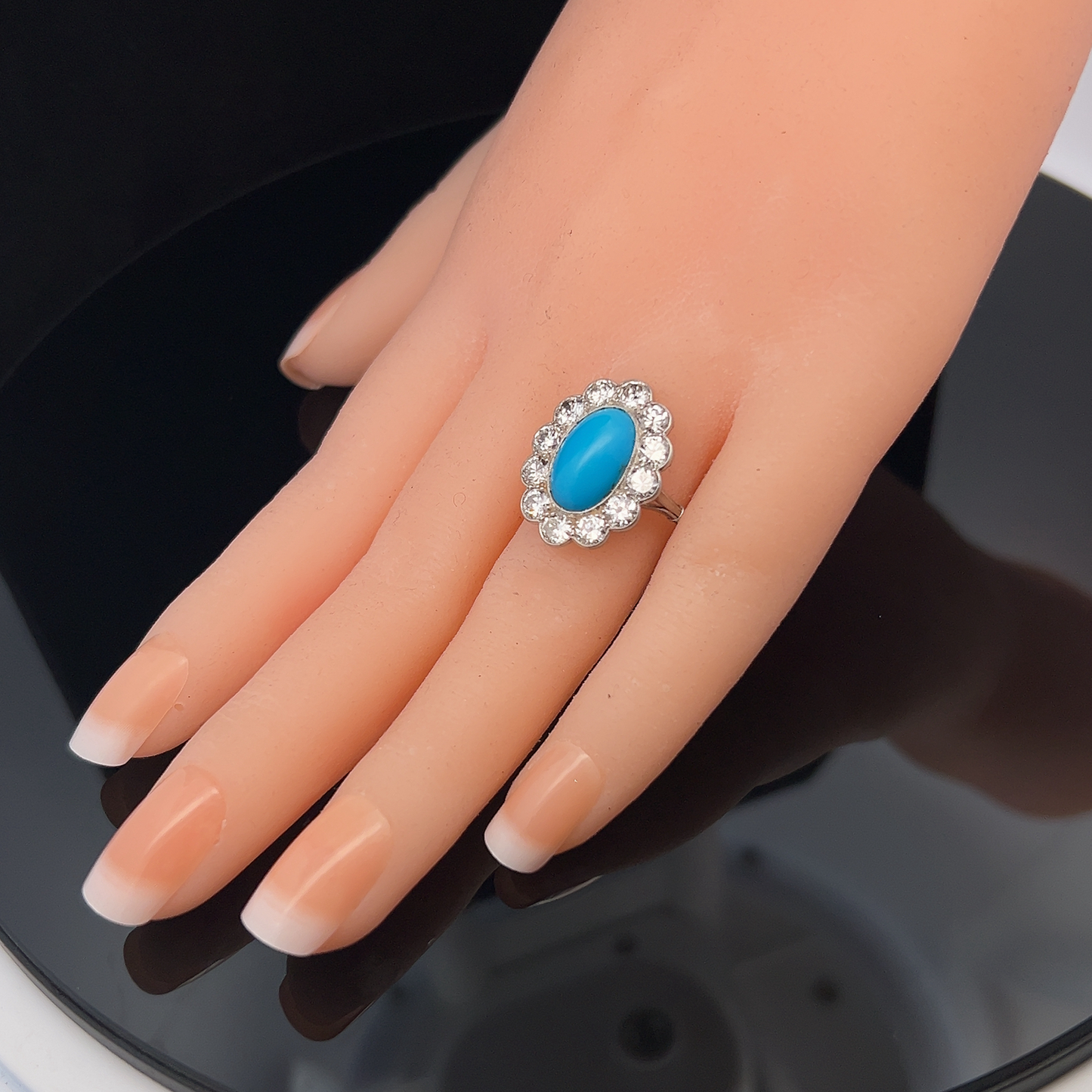 Antique Edwardian Turquoise and Transitional Cut Diamond Cluster Platinum Ring
