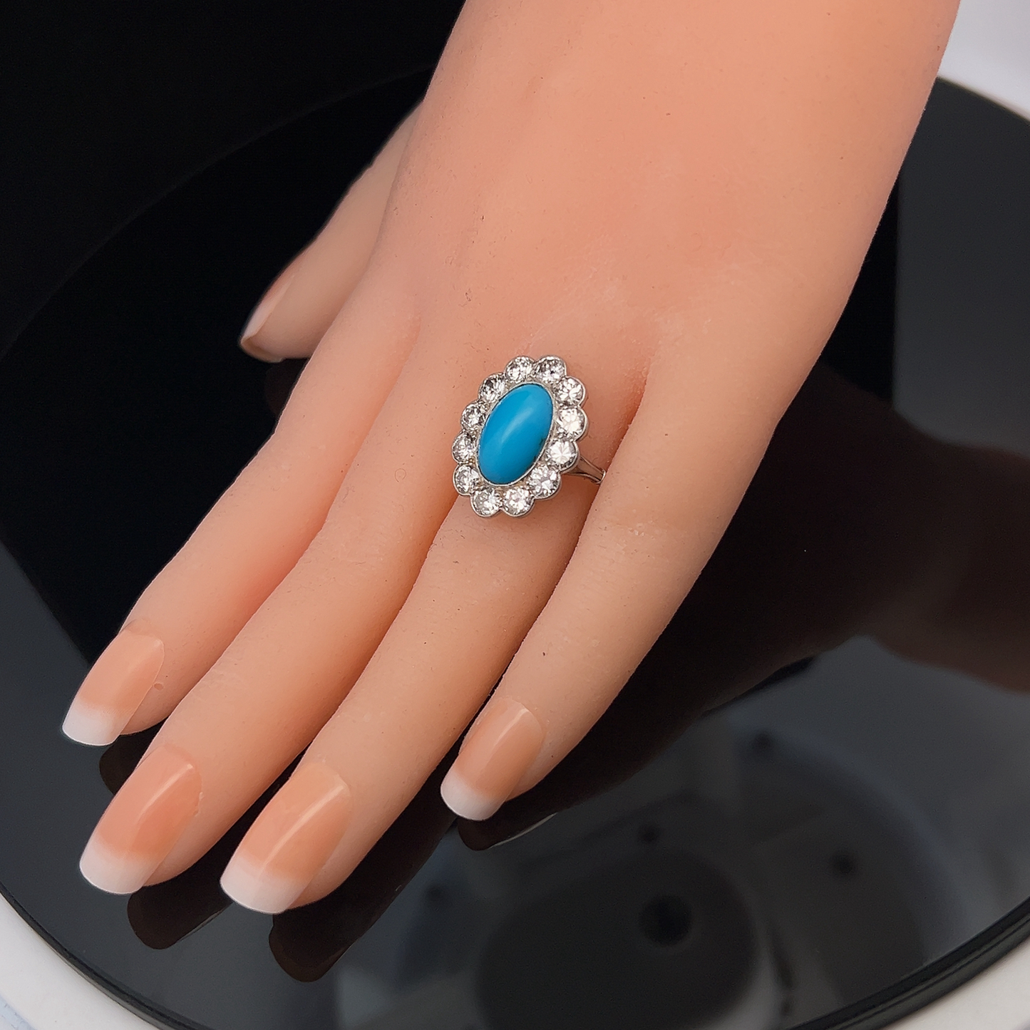 Antique Edwardian Turquoise and Transitional Cut Diamond Cluster Platinum Ring