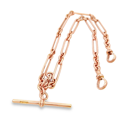 Antique Edwardian 9ct Rose Gold Trombone / Fetter Link Albert Watch Chain with Dog Clip Clasp and T-Bar
