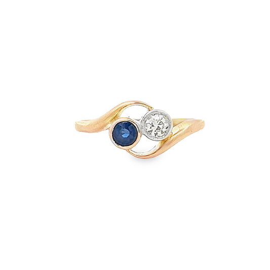 Antique Art Nouveau Sapphire and Diamond 18ct Gold 'Toi et Moi' Crossover Ring