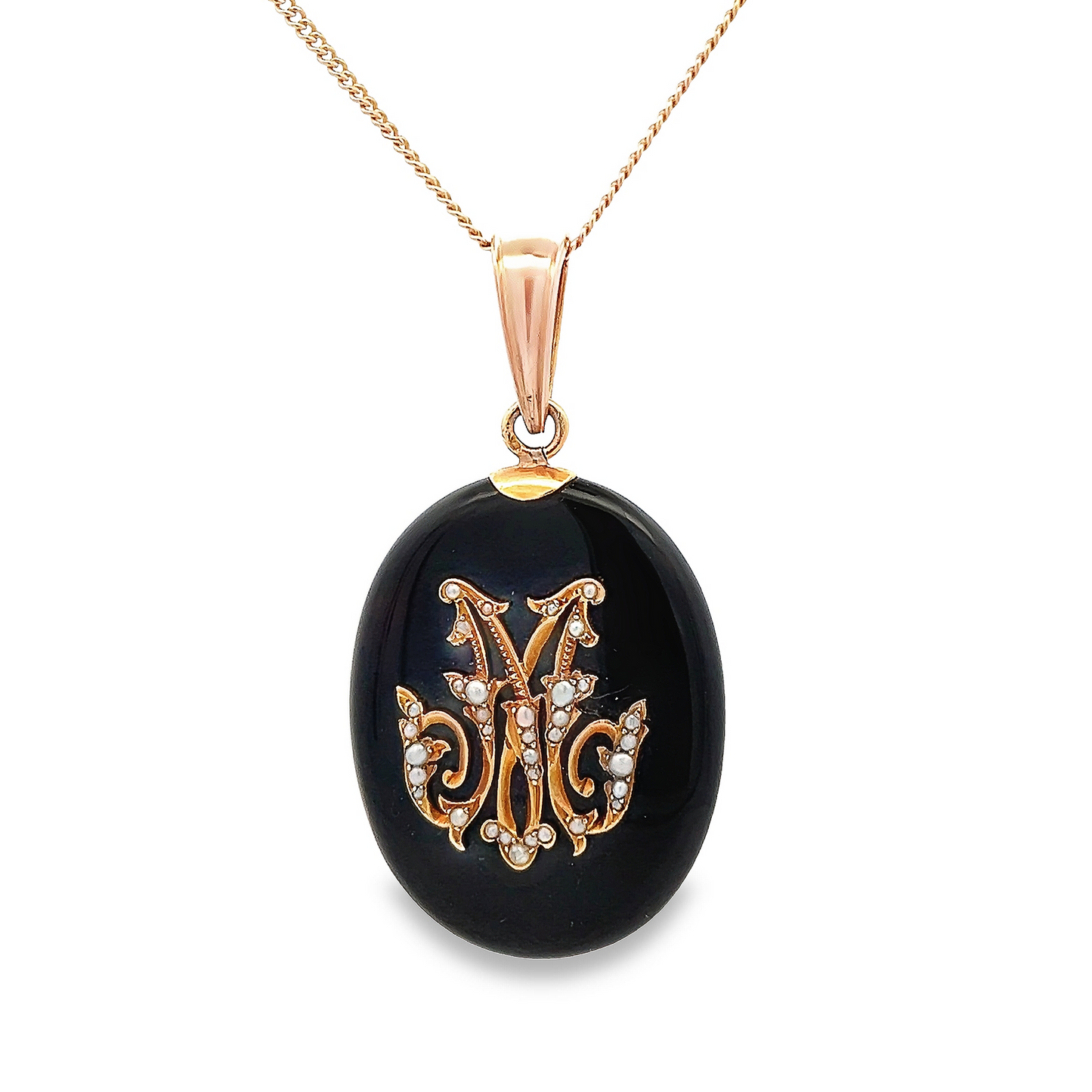 Antique Victorian Onyx and Seed Pearl 18ct Gold Oval Mourning Pendant with Locket Back