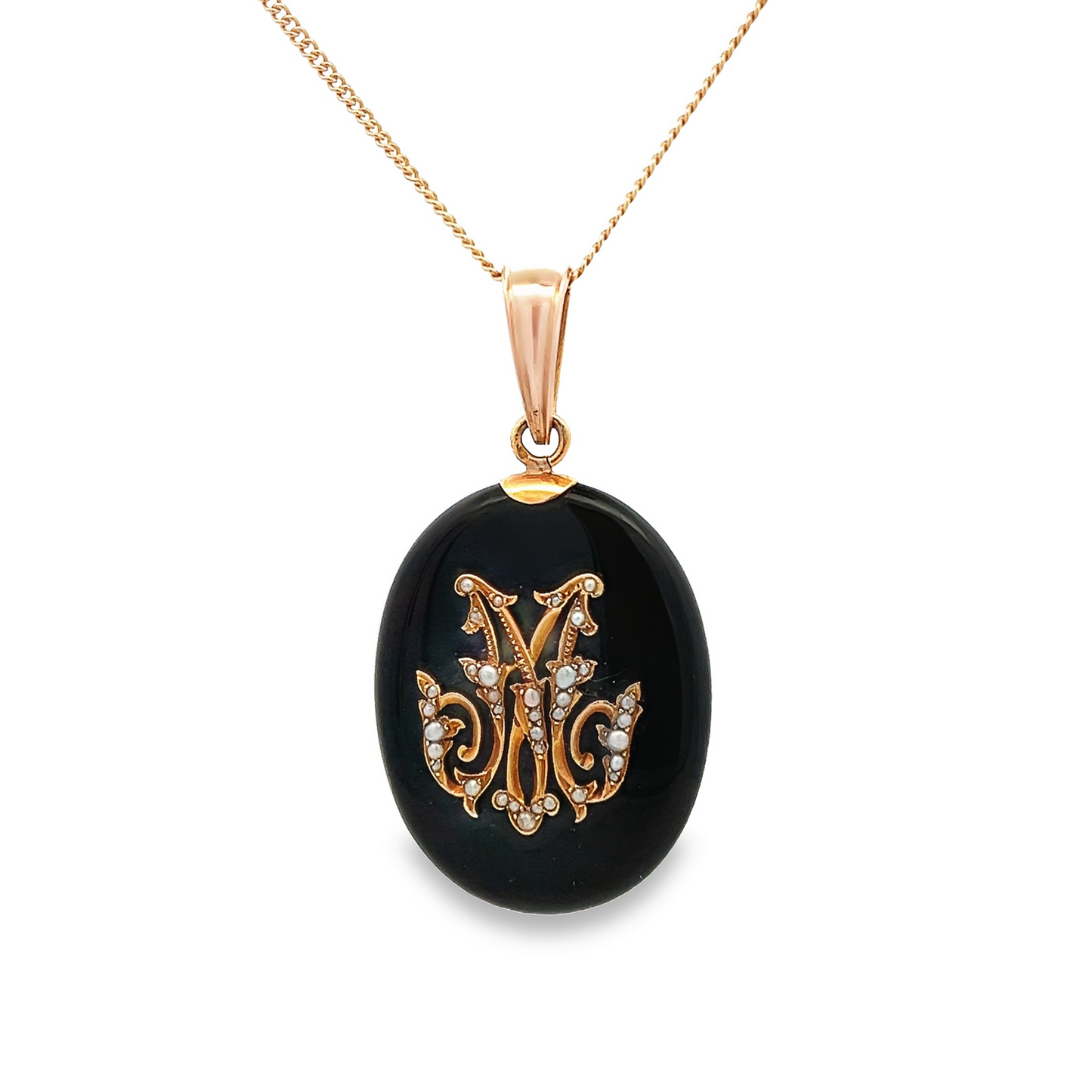 Antique Victorian Onyx and Seed Pearl 18ct Gold Oval Mourning Pendant with Locket Back