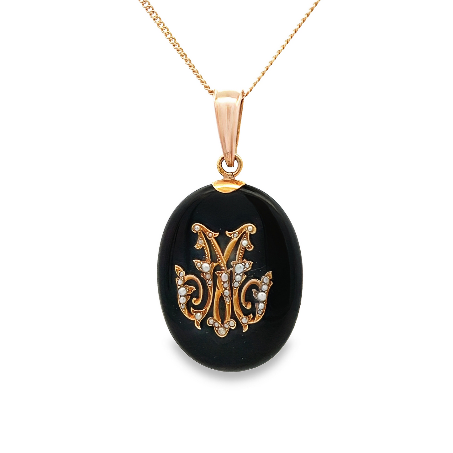 Antique Victorian Onyx and Seed Pearl 18ct Gold Oval Mourning Pendant with Locket Back