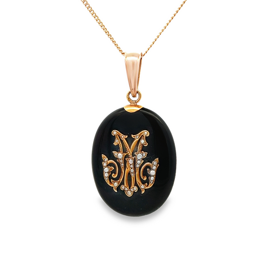 Antique Victorian Onyx and Seed Pearl 18ct Gold Oval Mourning Pendant with Locket Back