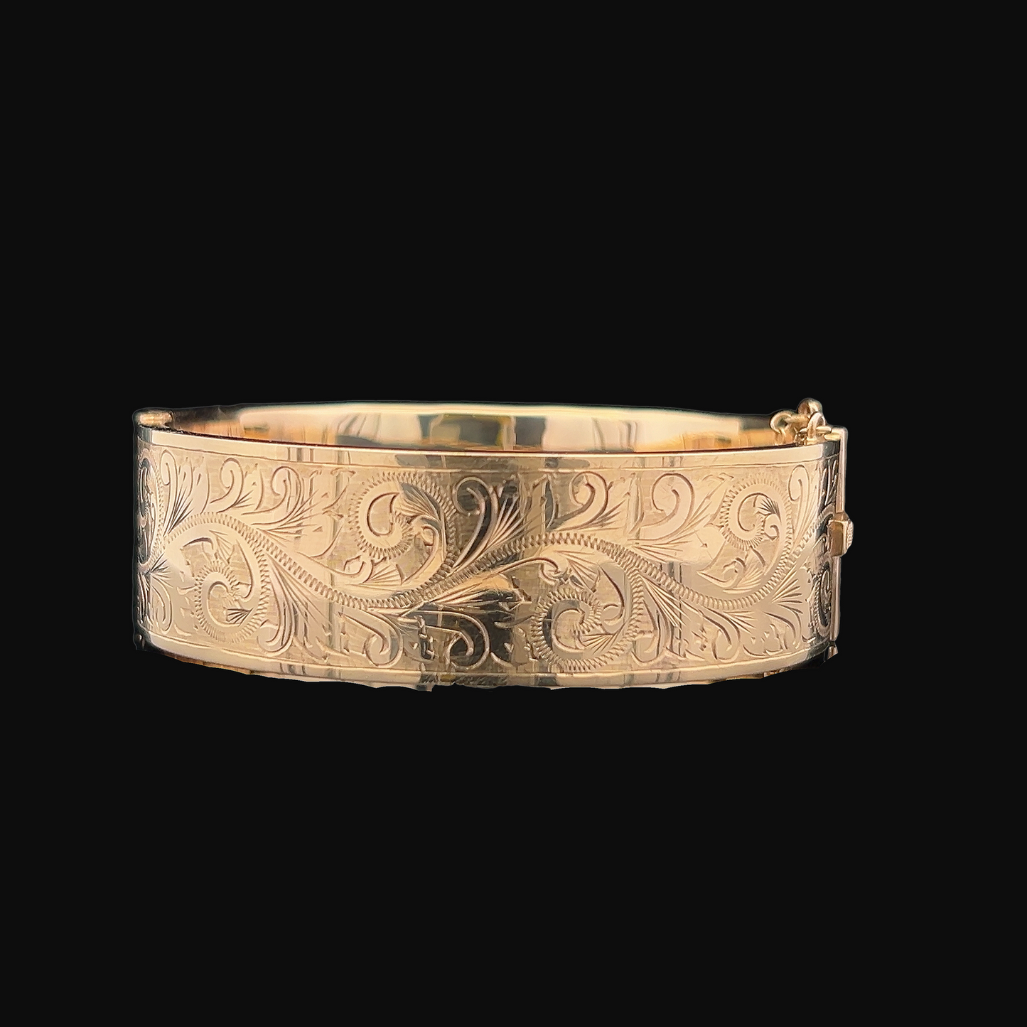 Vintage Victorian Style 9ct Gold Wide Bangle with Engraved Foliate Motifs