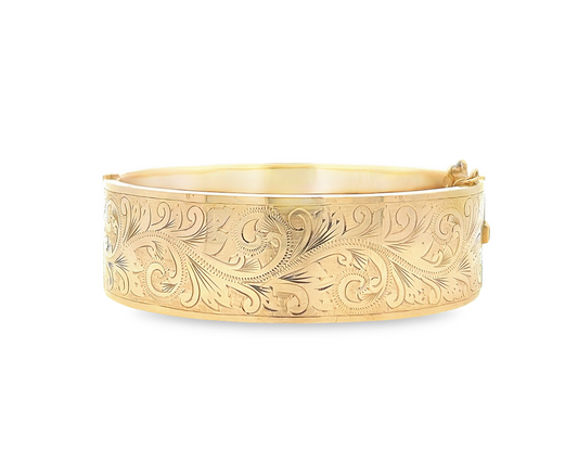 Vintage Victorian Style 9ct Gold Wide Bangle with Engraved Foliate Motifs