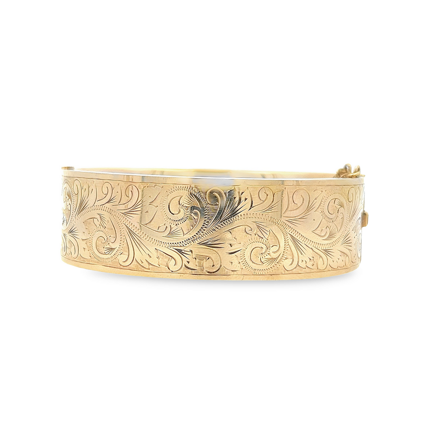 Vintage Victorian Style 9ct Gold Wide Bangle with Engraved Foliate Motifs