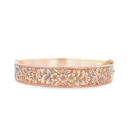 Antique Art Deco 9ct Rose Gold Hinged Bangle with Engraved Foliate Motifs