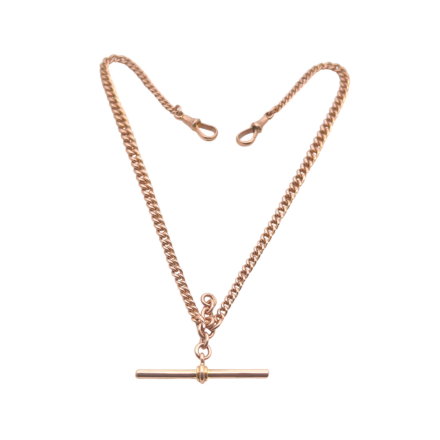 Antique Art Deco 9ct Rose Gold Graduated Curb Link Double Albert Watch Chain with T-Bar